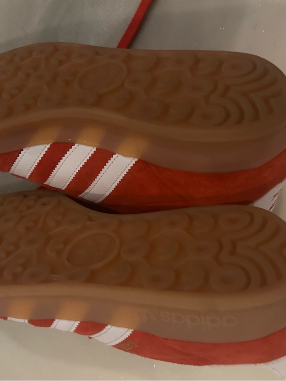 adidas men wore 2 times Red Suede Sneakers with White Stripes and Gum Soles